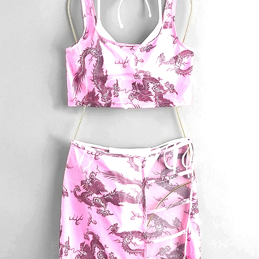 4 Piece SwimSet💦 White Bikini Pink Dragon Coverup